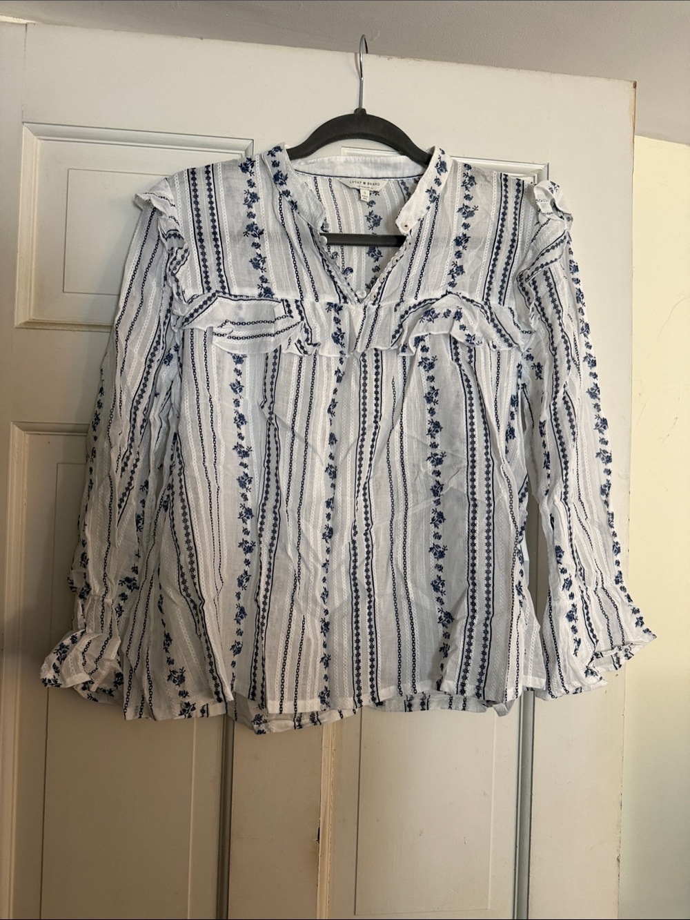 Lucky Brand White Blouse with Navy Floral Stripe